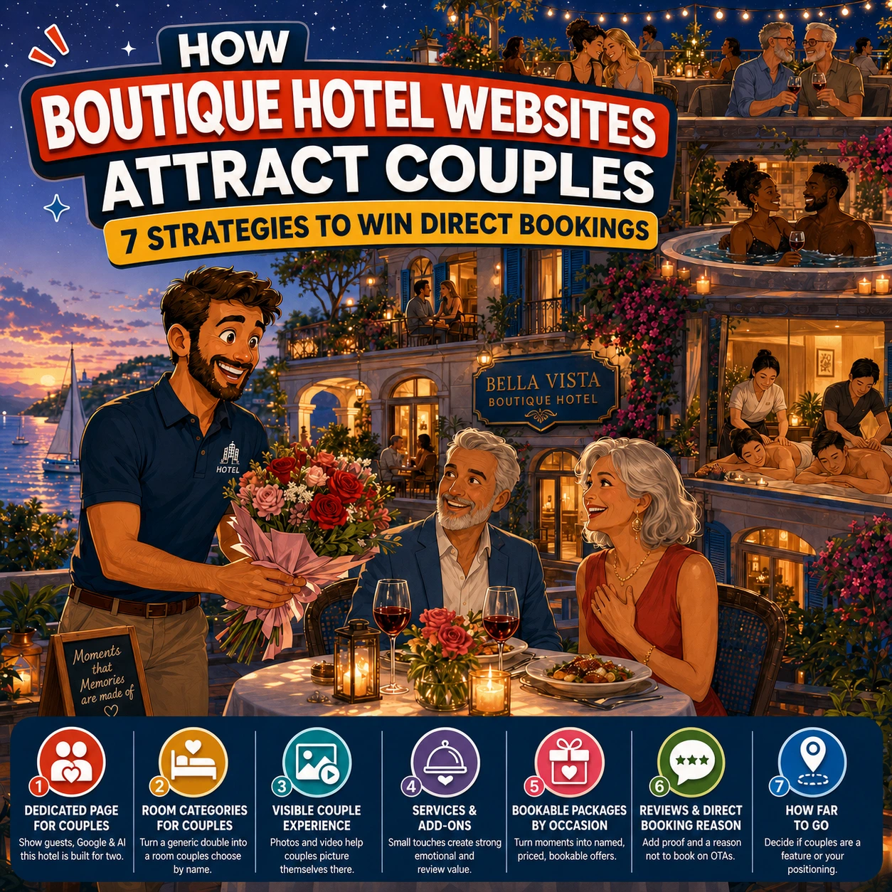 Boutique hotel website hero image showing couples enjoying romantic hotel experiences, with the headline How Boutique Hotel Websites Attract Couples.