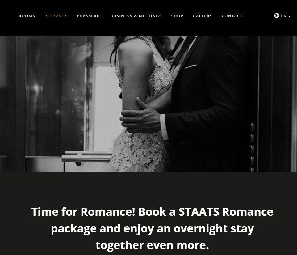 Boutiquehotel Staats romance package page showing a couple image and a clear romance package headline.