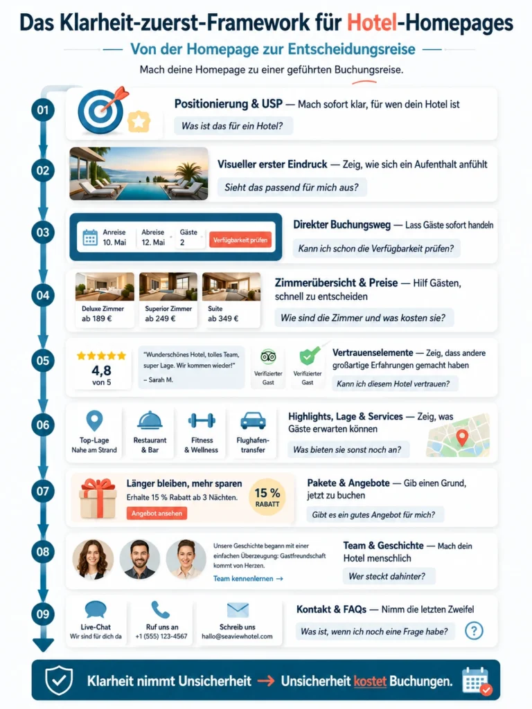 Infografik zum Clarity-First Hotel Homepage Framework mit neun Elementen für eine bessere Hotel-Homepage, von Positionierung und Bildern bis zu Vertrauen, Angeboten und Kontakt.