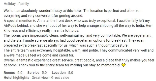 Guest review for Cozy Savvy Hotel describing exceptional staff, vegetarian breakfast support and personal care.