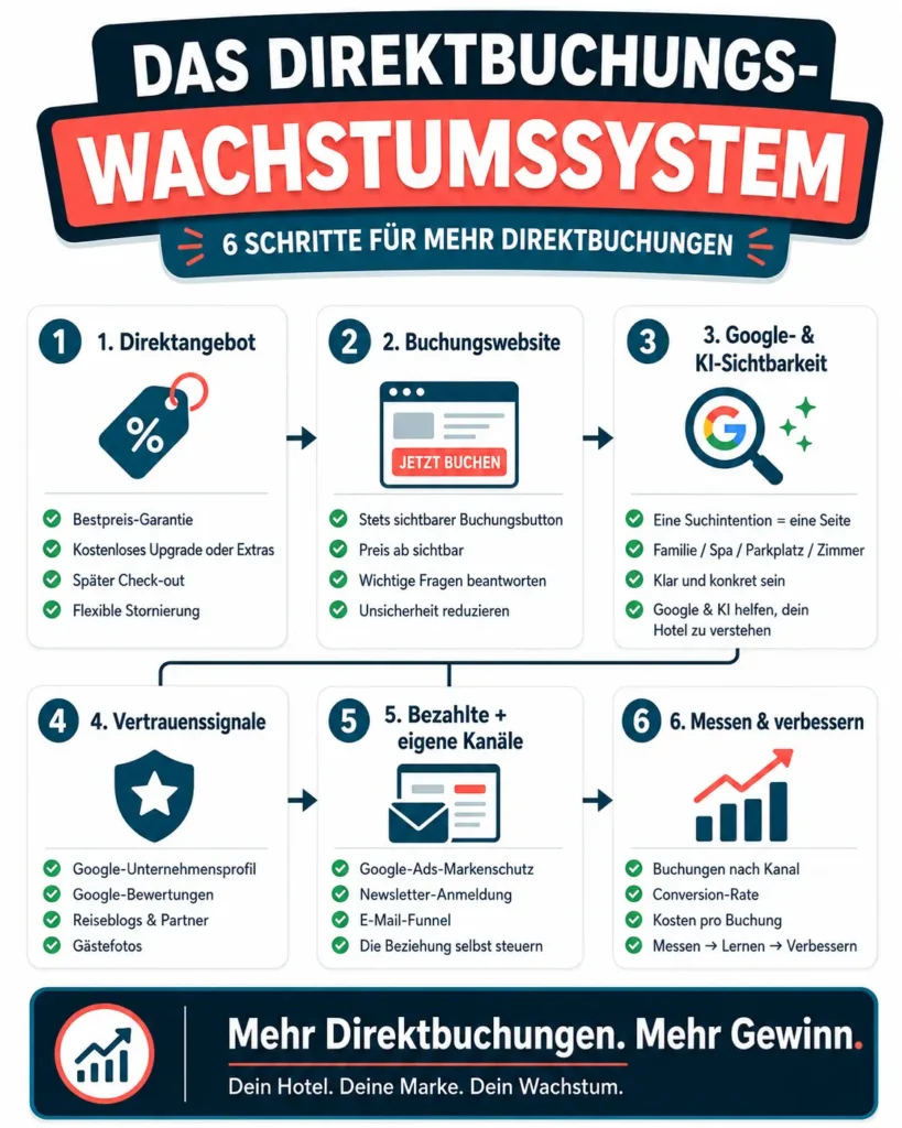 Cleane Infografik mit sechs Schritten für mehr Direktbuchungen: Direktangebot, Buchungswebsite, Google- und KI-Sichtbarkeit, Vertrauenssignale, bezahlte und eigene Kanäle sowie Messen und Verbessern.