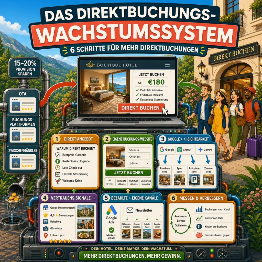 Infografik zum Direktbuchungs-Wachstumssystem für Hotels mit sechs Schritten: Direktangebot, Buchungswebsite, Google- und KI-Sichtbarkeit, Vertrauenssignale, eigene Kanäle und laufende Optimierung.