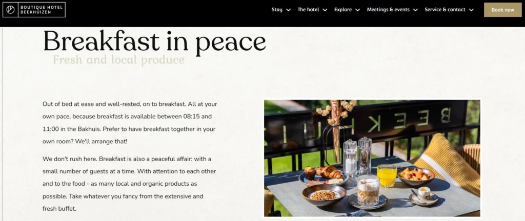 Boutique Hotel Beekhuizen breakfast page showing a calm breakfast setup with fresh and local produce.