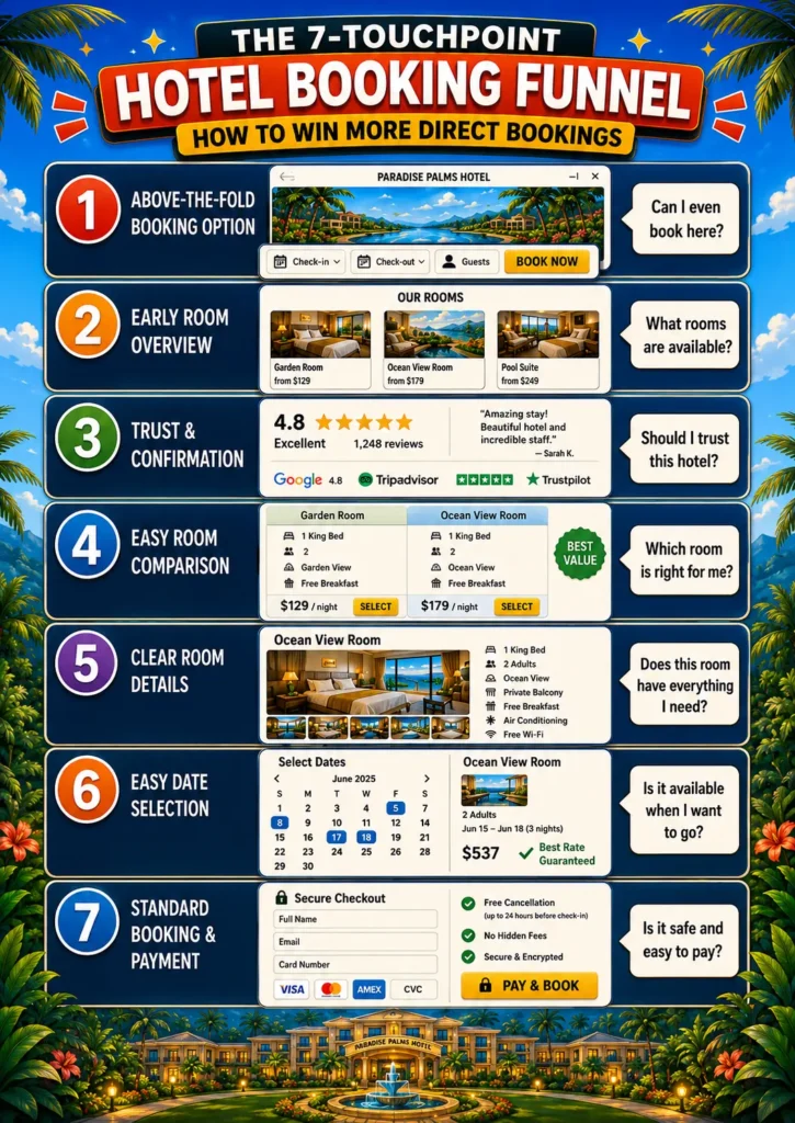 Illustrated framework showing the seven touchpoints of a hotel booking funnel, from the above-the-fold booking option to room comparison, room details, date selection, checkout, and payment.