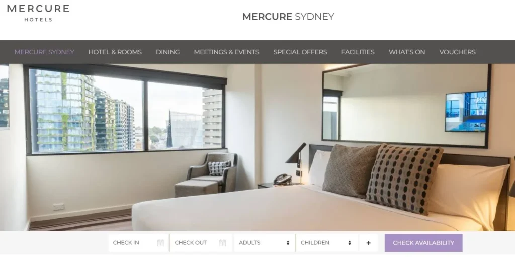 Mercure Sydney hotel homepage with a prominent above-the-fold check availability booking widget below the room hero image.