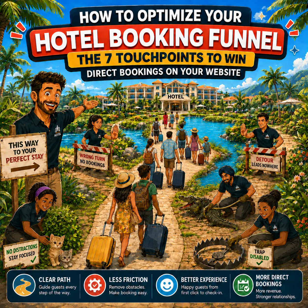 Illustration of travelers walking toward a hotel while hotel staff remove booking obstacles from the path, representing how to optimize a hotel booking funnel for more direct bookings.