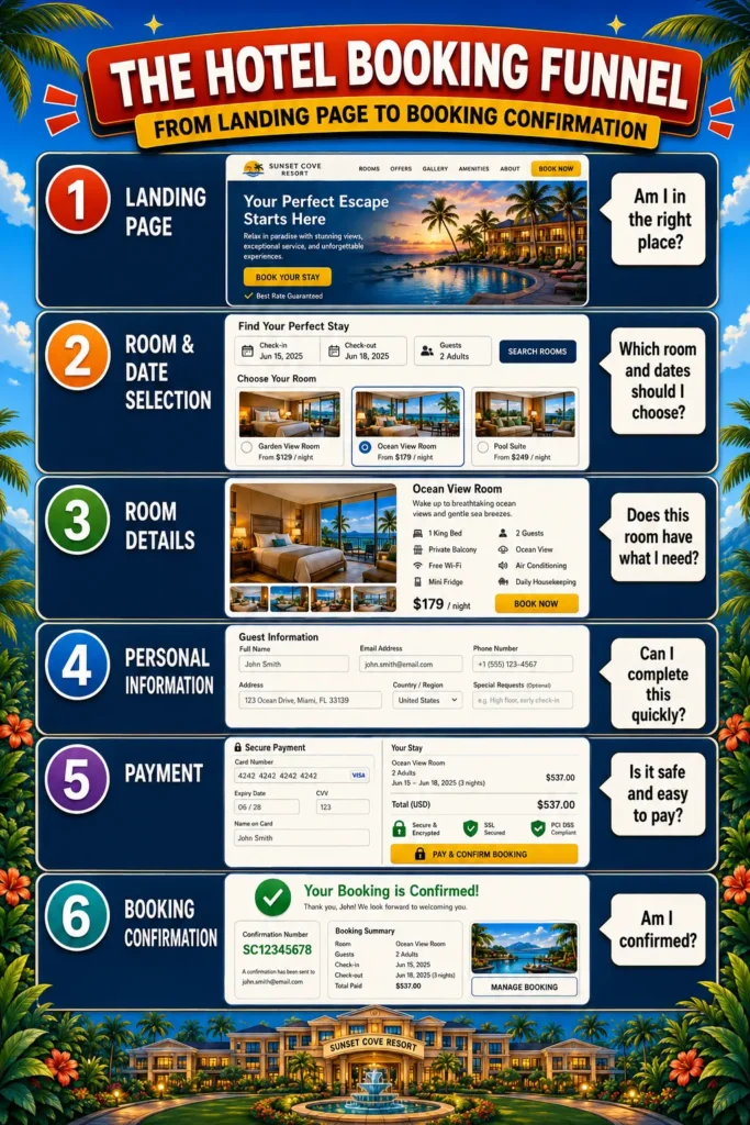 Infographic showing a six-step hotel booking funnel from landing page to room and date selection, room details, personal information, payment, and booking confirmation.