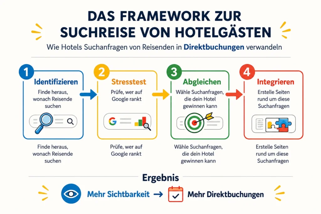 Cleanes Hotel-Gäste-Suchreise-Framework mit den vier Schritten Identifizieren, Stresstest, Abgleichen und Integrieren, um Suchanfragen in mehr Sichtbarkeit und Direktbuchungen zu verwandeln.