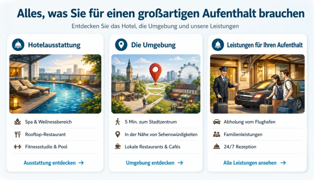 Beispiel für einen Homepage-Bereich mit Hotelausstattung, Umgebung und Services wie Spa, Restaurant, Fitness, Sehenswürdigkeiten, Flughafentransfer und Rezeption.