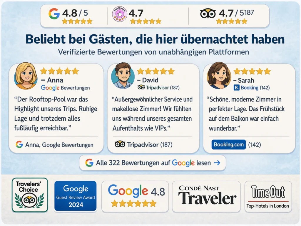 Beispiel für Vertrauenselemente auf einer Hotel-Homepage mit Google-Bewertungen, Tripadvisor-Rating, Gästestimmen, Auszeichnungen und Review-Logos.
