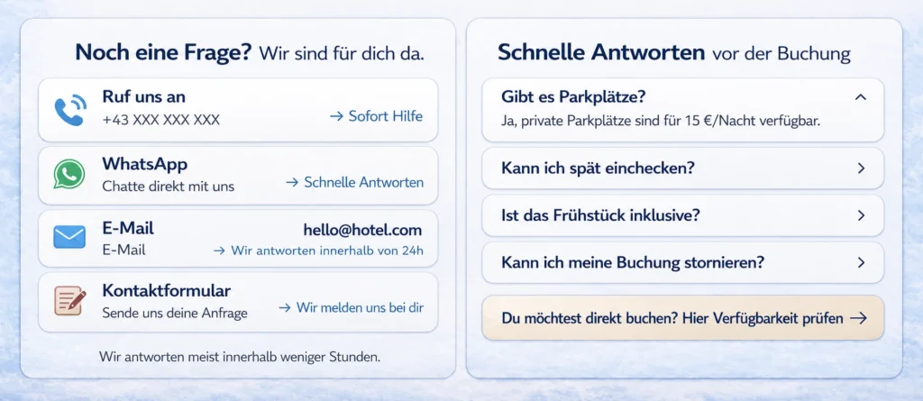 Beispiel für einen Kontakt- und FAQ-Bereich auf einer Hotel-Homepage mit Telefon, WhatsApp, E-Mail, Kontaktformular und schnellen Antworten vor der Buchung.