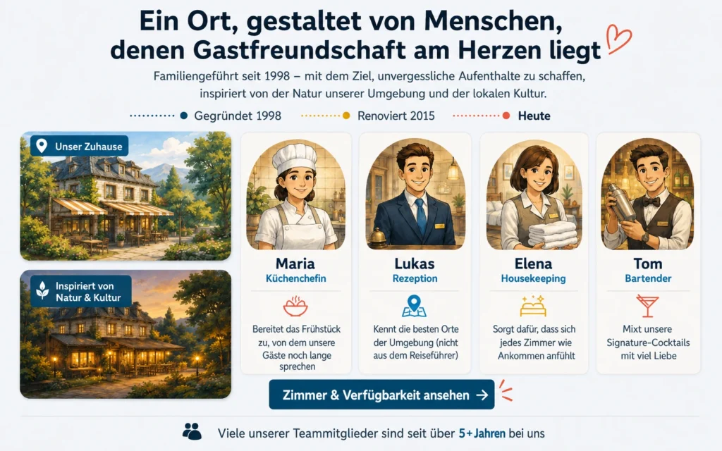 Beispiel für einen Team- und Story-Bereich auf einer Hotel-Homepage mit Hotelgeschichte, Mitarbeitenden, Rollen und persönlichem Gastgebergefühl.