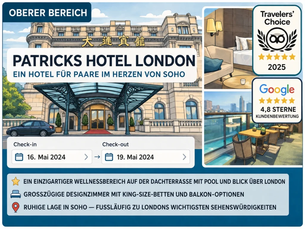 Beispiel für den oberen Bereich einer Hotel-Homepage mit klarer Positionierung, Buchungsmaske, Zimmerbildern, Bewertungen und wichtigsten Hotelvorteilen.
