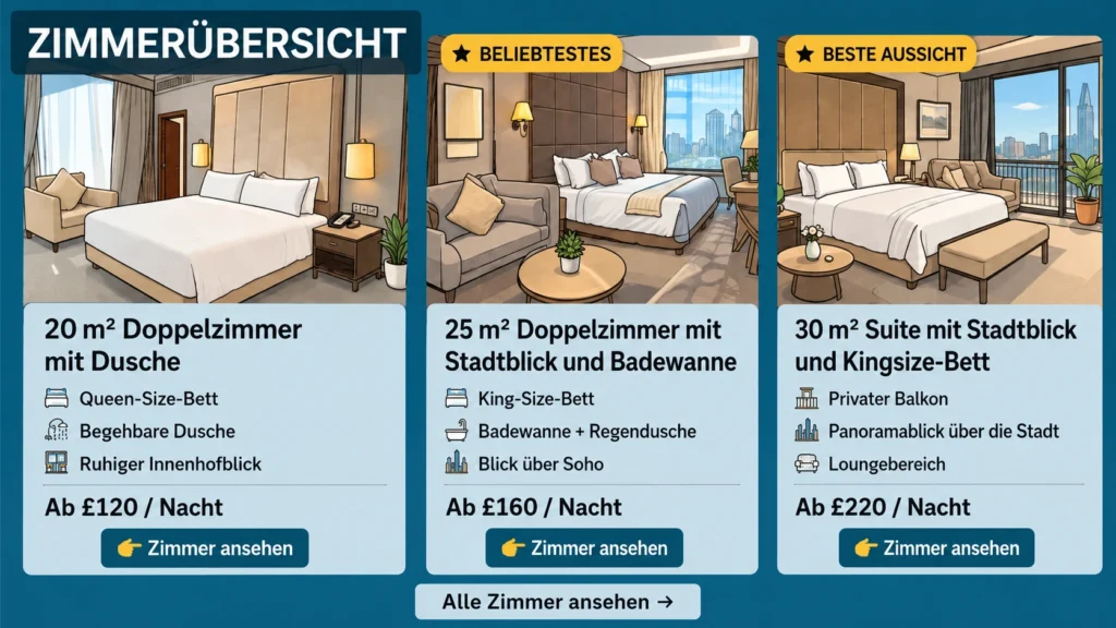 Beispiel für einen Zimmerüberblick auf einer Hotel-Homepage mit klaren Zimmerkategorien, Bildern, Merkmalen, Preisen und Buttons zur Zimmerseite.