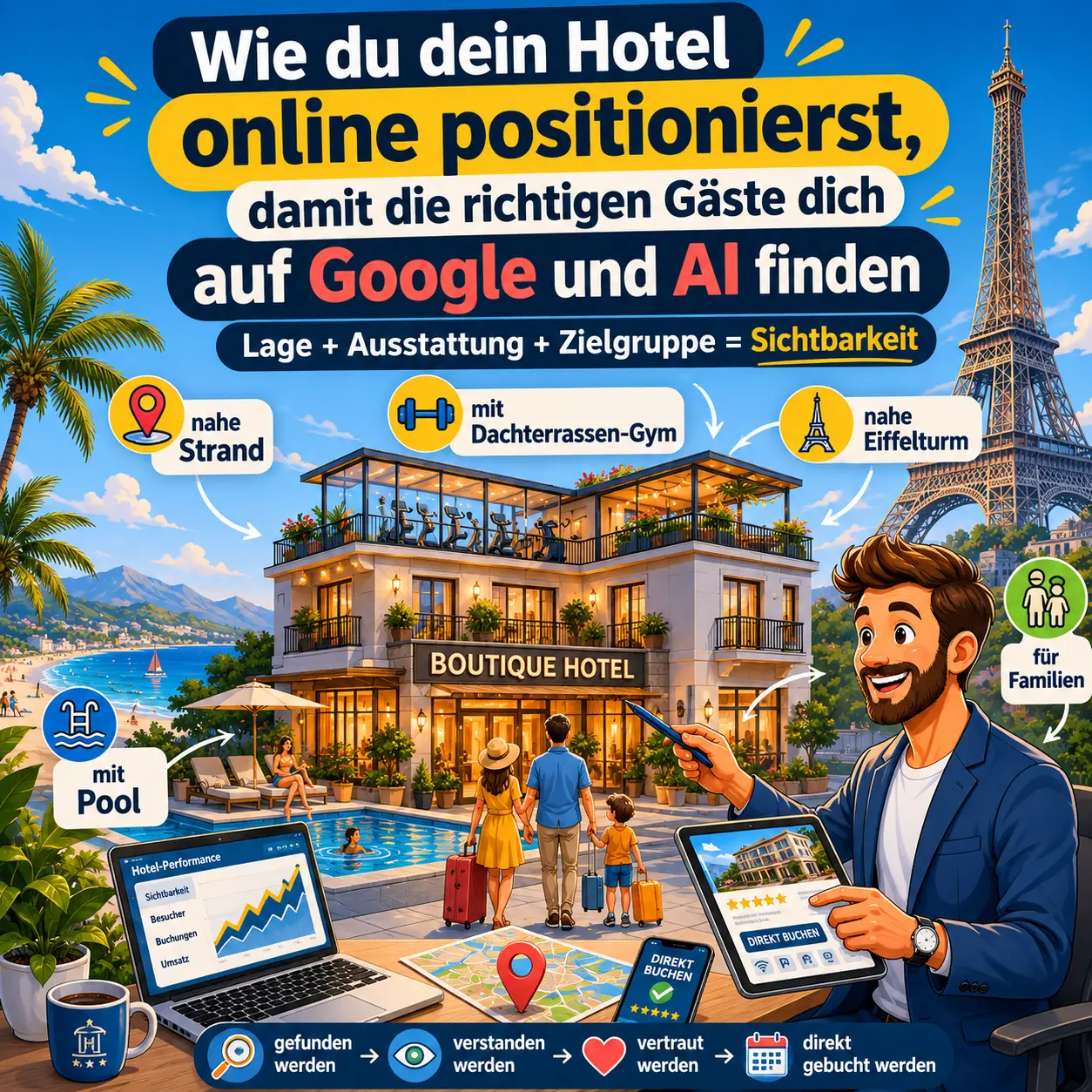 Illustration eines Boutique-Hotels, das durch klare Online-Positionierung über Lage, Ausstattung und Zielgruppe auf Google und AI besser gefunden wird.
