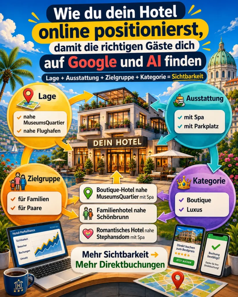 Hotel-Positionierungs-Framework mit den vier Elementen Lage, Ausstattung, Zielgruppe und Kategorie zur Verbesserung von Sichtbarkeit und Direktbuchungen.