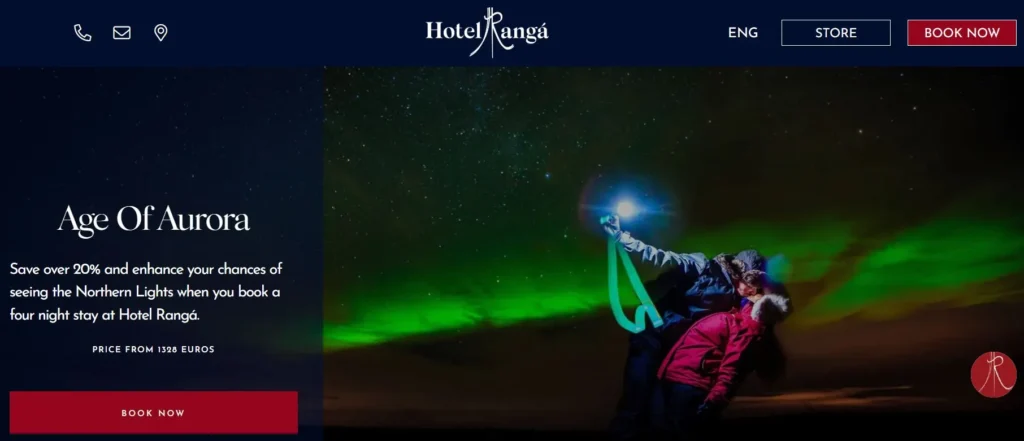 Hotel Rangá Age of Aurora offer with Northern Lights image and book now button.