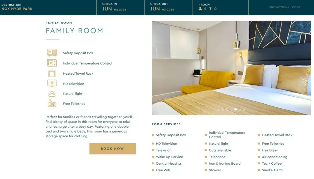 NOX Hyde Park family room page showing room features, amenities, room photo, services, description, and a visible book now button.