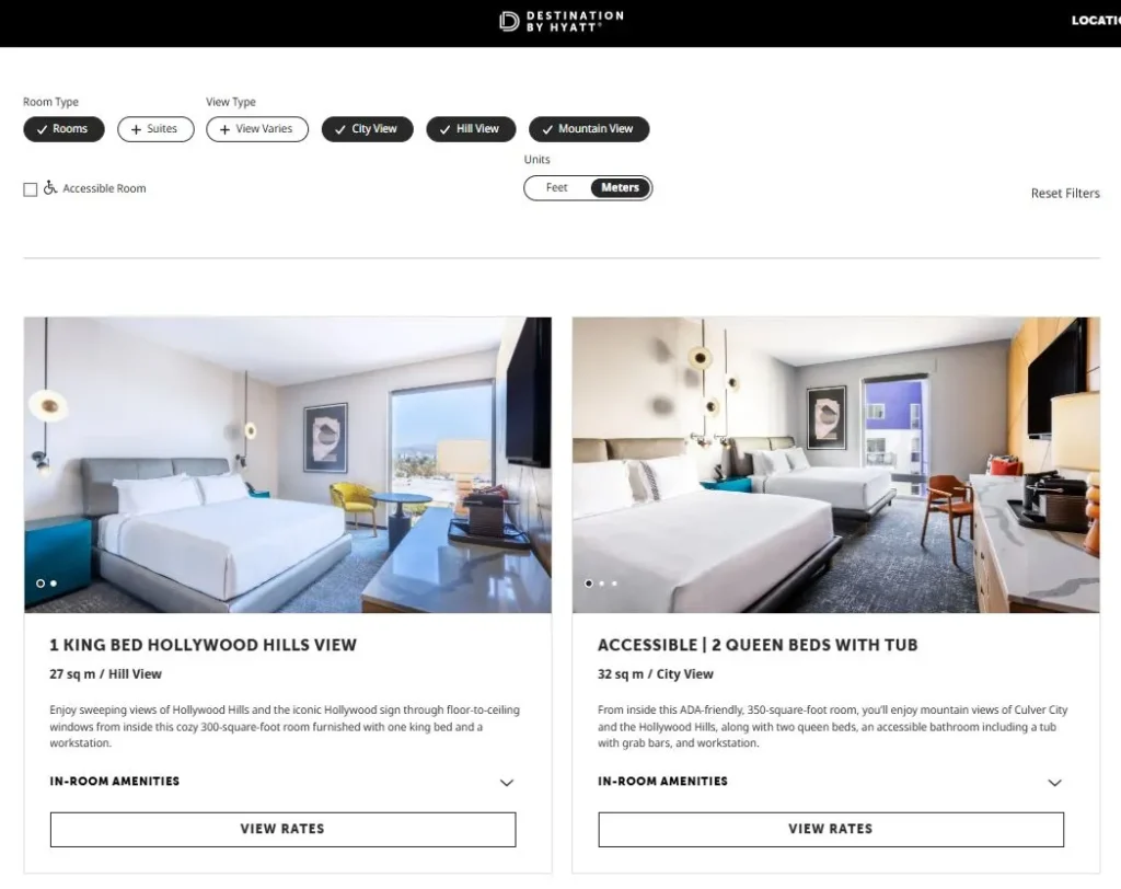 Destination by Hyatt room overview page with filters for room type and view type, plus room cards showing images, room names, views, amenities, and view rates buttons.