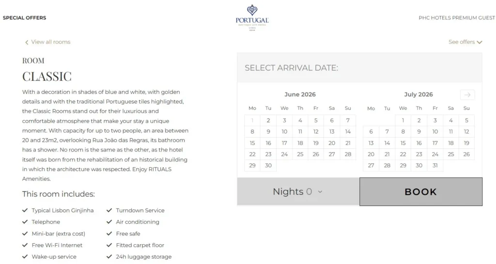 Portugal Boutique City Hotel room page with room description, included amenities, arrival date calendar, nights selector, and book button.