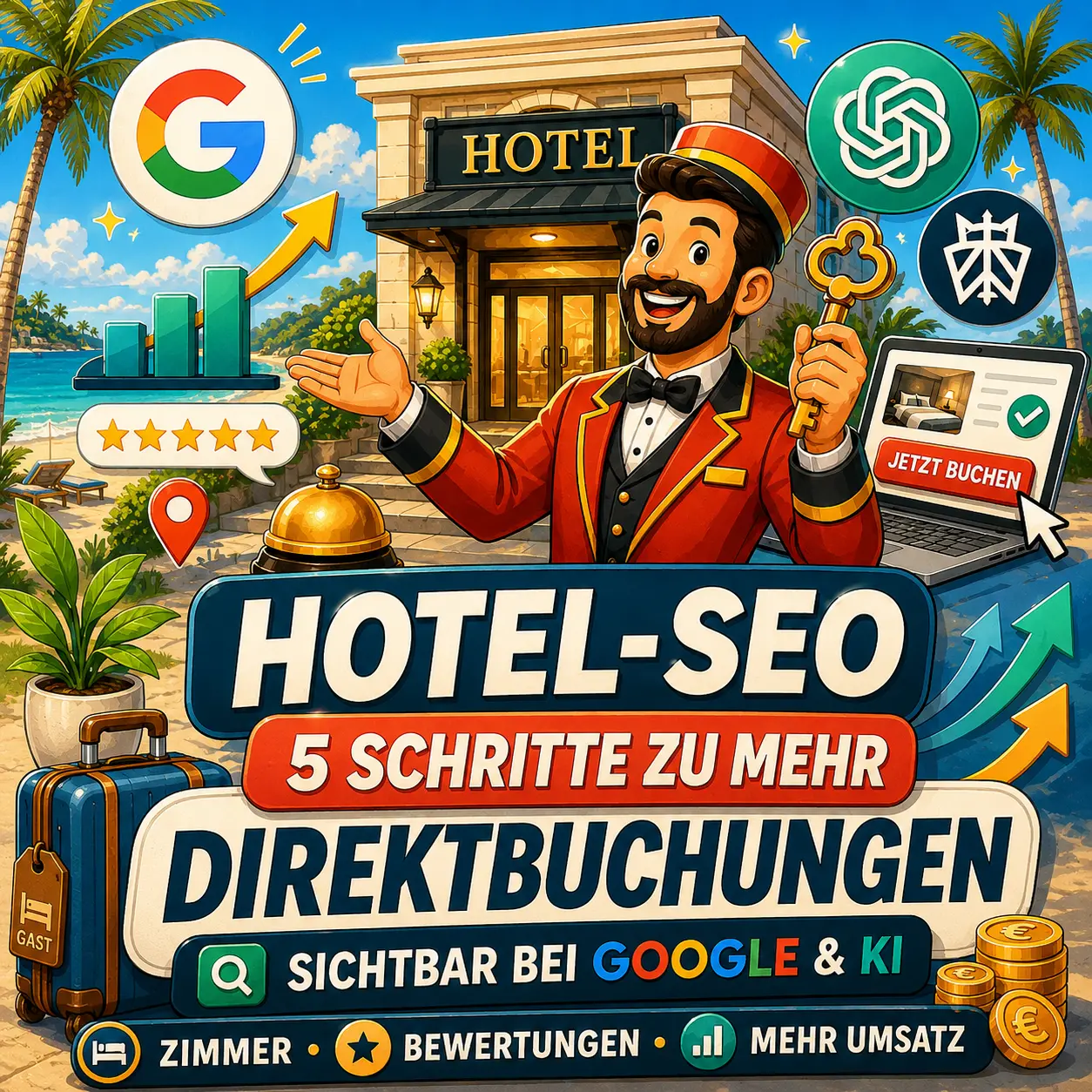 Die Illustration zeigt ein Hotel, das online besser gefunden wird und dadurch mehr Direktbuchungen erzielt. Sie visualisiert die zentrale Botschaft des Artikels: Mit klarer Struktur, besserer Sichtbarkeit bei Google und KI-Tools sowie einer starken Hotelwebsite können Hotels ihre Abhängigkeit von OTAs reduzieren und mehr Umsatz direkt über die eigene Website gewinnen.