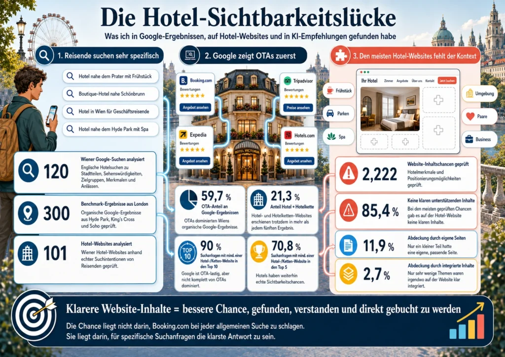Infografik zur Hotel-Sichtbarkeitslücke: Reisende suchen spezifisch, Google zeigt häufig OTAs zuerst, und vielen Hotel-Websites fehlen klare Inhalte für Google, KI-Empfehlungen und Direktbuchungen.