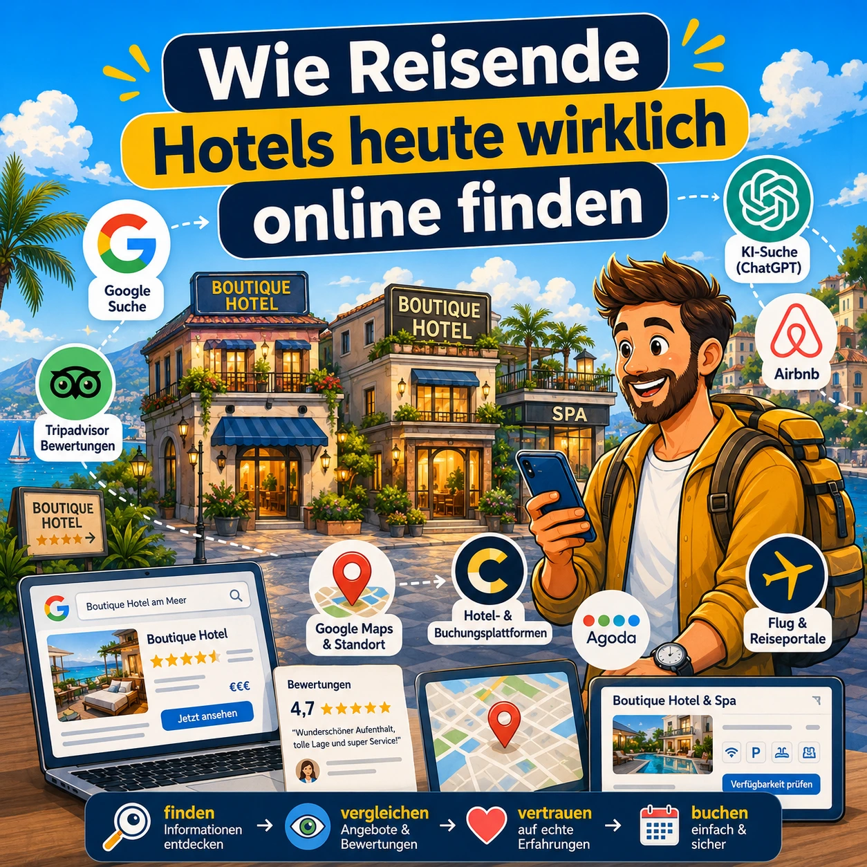 Illustration eines Reisenden vor Boutique-Hotels, die zeigt, wie Gäste Hotels heute über Google, KI-Suche, Google Maps, Bewertungen und Buchungsplattformen online finden.