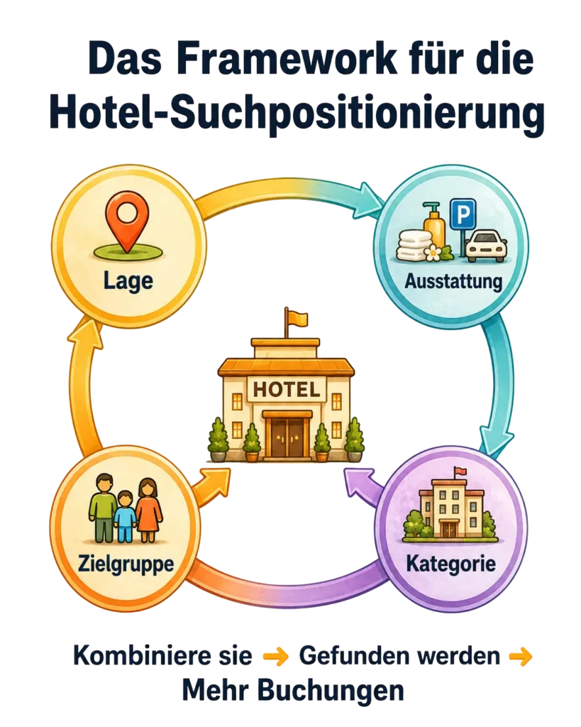 Cleanes Framework zur Hotel-Suchpositionierung mit Lage, Ausstattung, Zielgruppe und Kategorie rund um ein Hotel.
