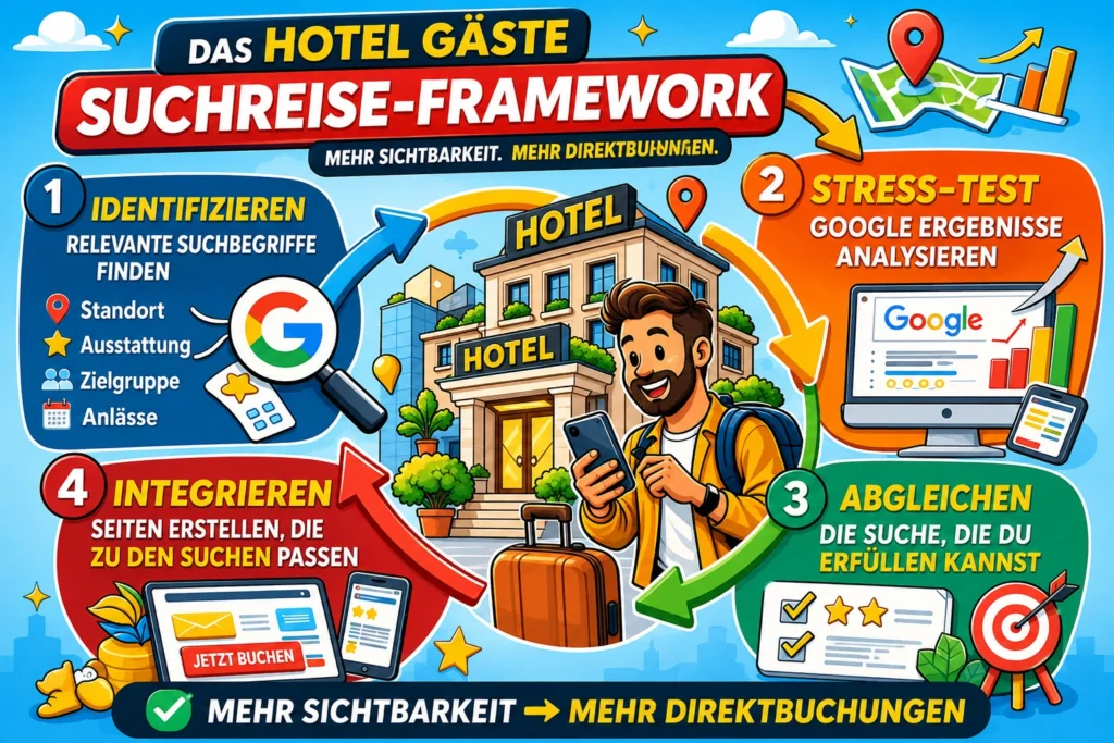 Bunte Illustration des Hotel-Gäste-Suchreise-Frameworks, bei dem Hotels relevante Suchbegriffe finden, Google-Ergebnisse analysieren, passende Suchchancen auswählen und daraus Seiten für mehr Direktbuchungen erstellen.