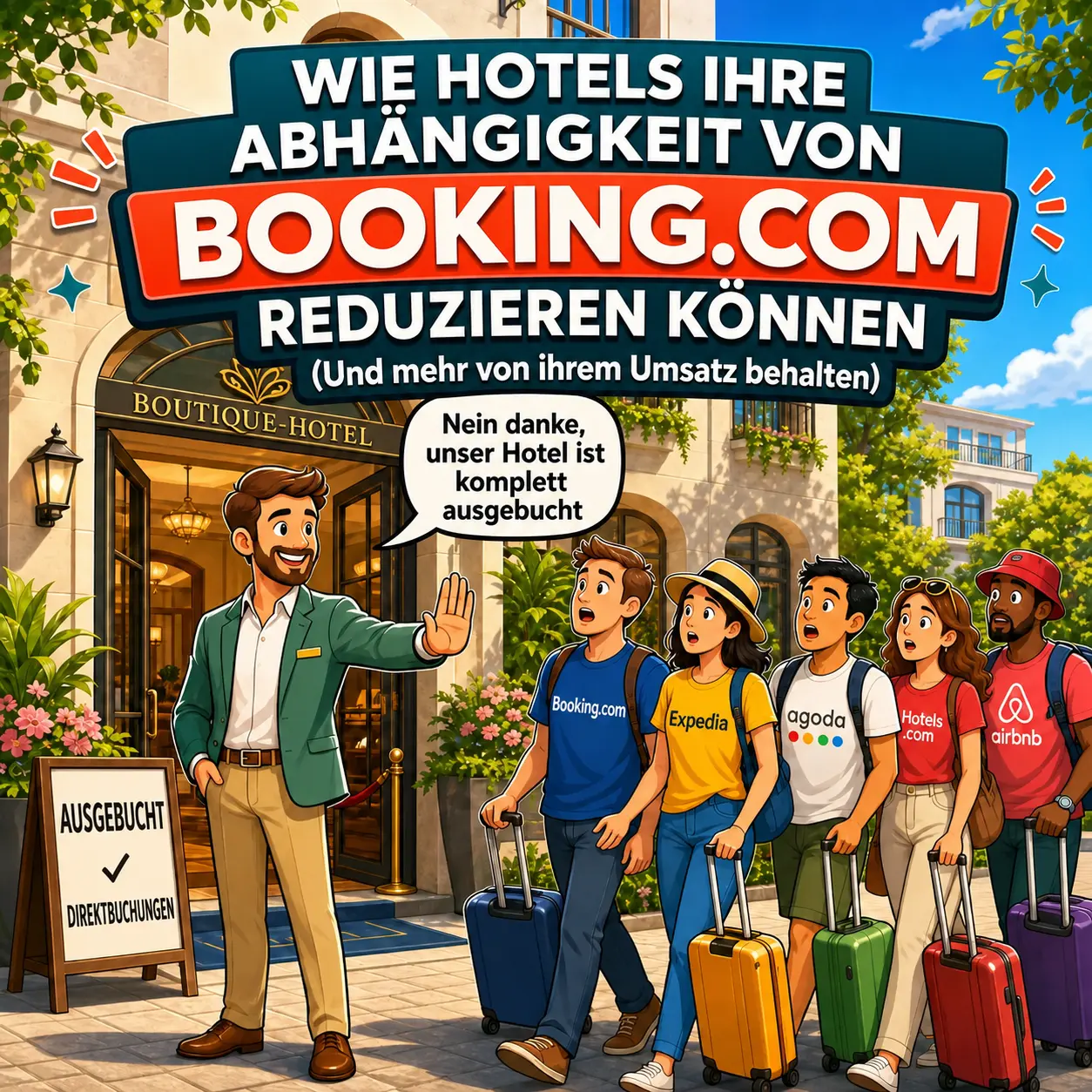 Illustration eines Boutique-Hotels, das durch Direktbuchungen ausgebucht ist und weniger abhängig von Buchungsplattformen wie Booking.com, Expedia und Agoda wird.
