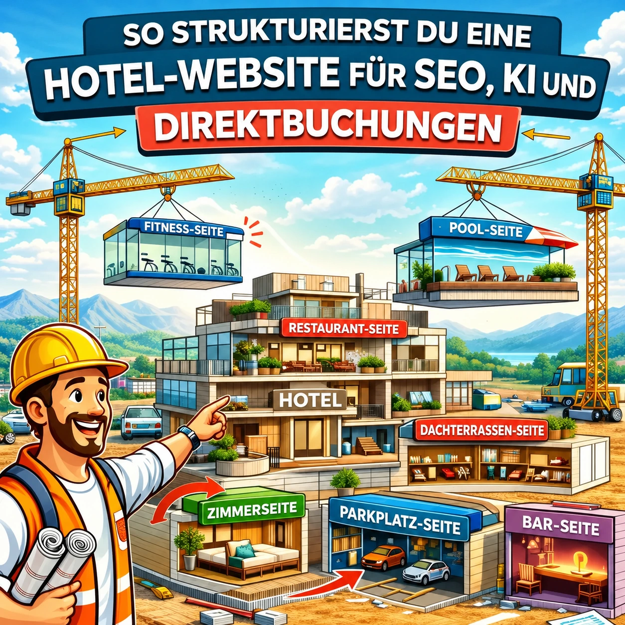 Illustration einer Hotelwebsite als Baustelle mit einzelnen Seiten für Fitness, Pool, Restaurant, Dachterrasse, Zimmer, Parkplatz und Bar zur besseren Struktur für SEO, KI und Direktbuchungen.