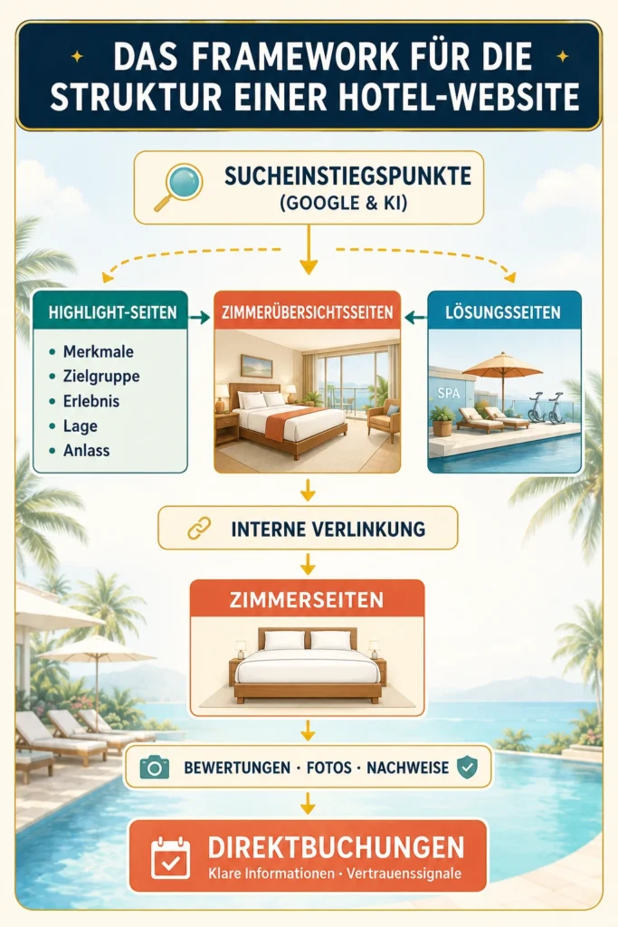 Cleane Infografik zur Struktur einer Hotelwebsite mit Sucheinstiegspunkten, Highlight-Seiten, Zimmerübersichtsseiten, Lösungsseiten, interner Verlinkung, Zimmerseiten, Bewertungen, Fotos, Nachweisen und Direktbuchungen.