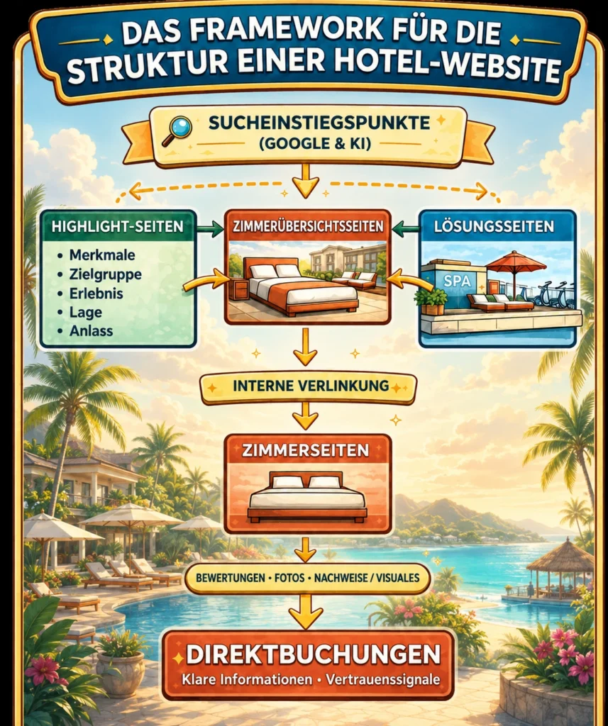 Infografik zum Framework für die Struktur einer Hotelwebsite mit Sucheinstiegspunkten, Highlight-Seiten, Zimmerübersichtsseiten, Lösungsseiten, interner Verlinkung und Direktbuchungen.