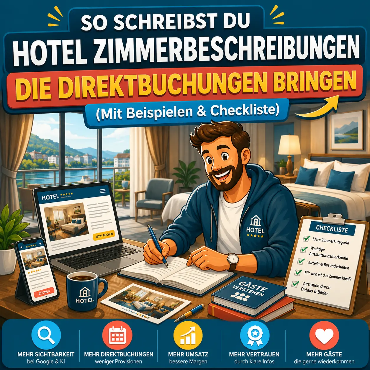 Illustration eines Hotelmitarbeiters, der eine klare Hotelzimmerbeschreibung erstellt, um Gästen Zimmerdetails besser zu erklären und mehr Direktbuchungen zu gewinnen