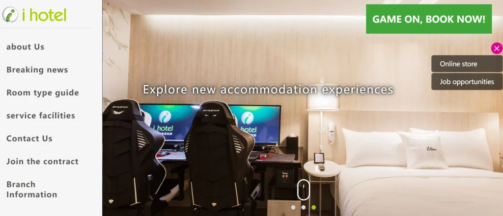 i hotel website showing an esports hotel room with gaming chairs, screens and a book now message.