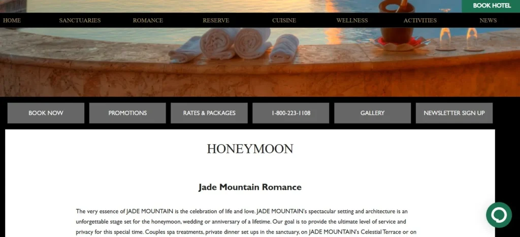 Jade Mountain honeymoon page showing a Romance navigation section and couples-focused honeymoon content.