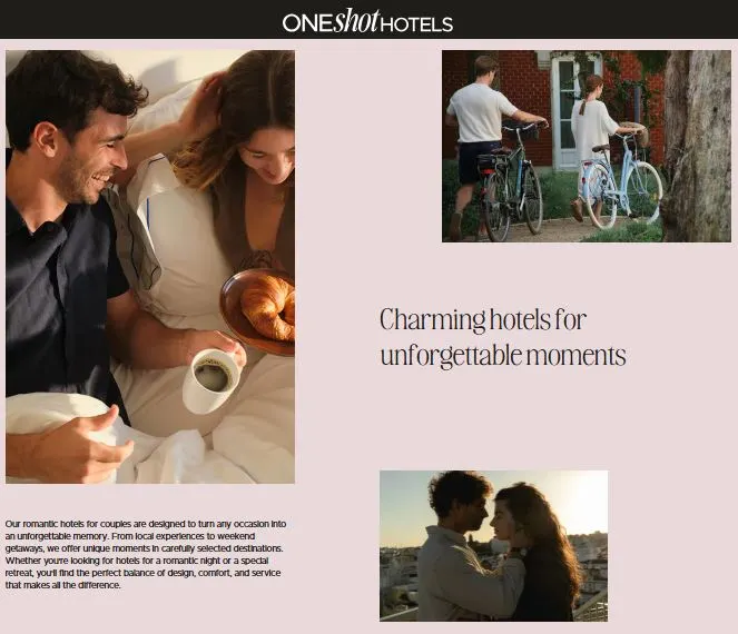 One Shot Hotels landing page for romantic boutique hotels for couples with lifestyle images.