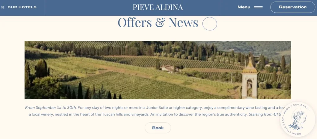 Pieve Aldina offers page showing a Tuscany wine experience package with vineyards and booking option.
