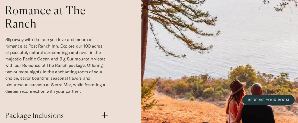 Post Ranch Inn romance package page showing a couple overlooking the Pacific Ocean and a Reserve Your Room button.