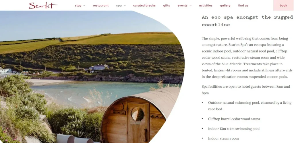 The Scarlet hotel spa page showing an eco spa experience on the coastline.
