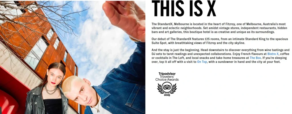 The StandardX Melbourne website showing Fitzroy neighbourhood positioning and creative local identity.