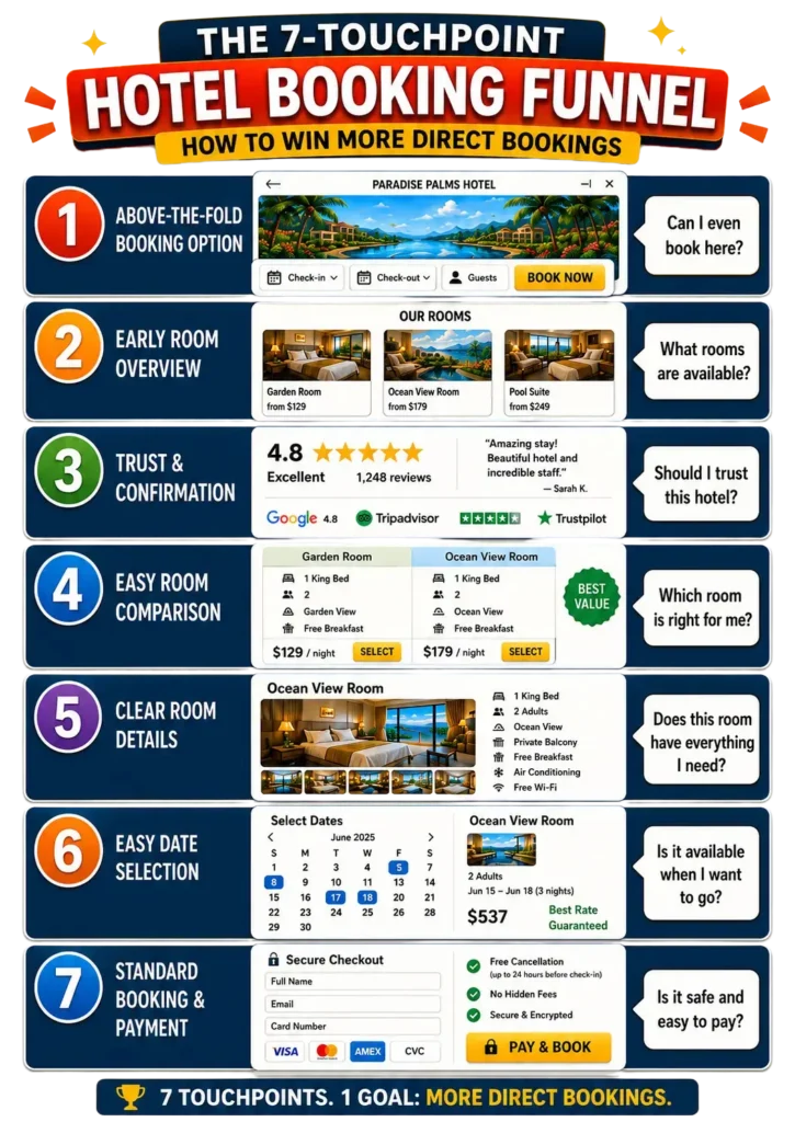 Clean infographic of the 7-Touchpoint Hotel Booking Funnel showing the key steps hotel websites need to optimize to win more direct bookings.