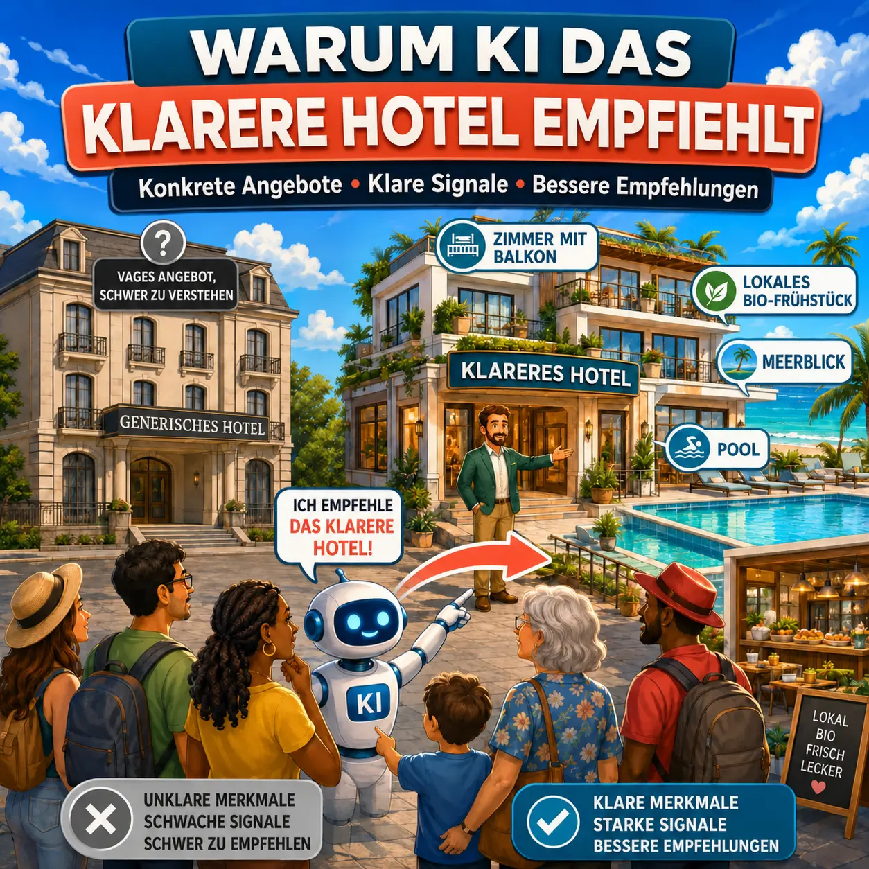 Illustration, die zeigt, warum KI ein klares Hotel mit konkreten Angeboten, starken Signalen und sichtbaren Merkmalen eher empfiehlt als ein generisches Hotel mit vagen Informationen.