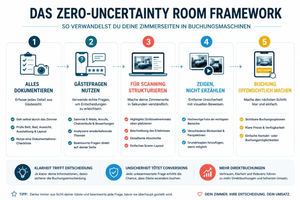 Cleane Infografik des Zero-Uncertainty Room Frameworks für Hotelzimmerseiten mit fünf Schritten zur Reduktion von Unsicherheit und Steigerung von Direktbuchungen.