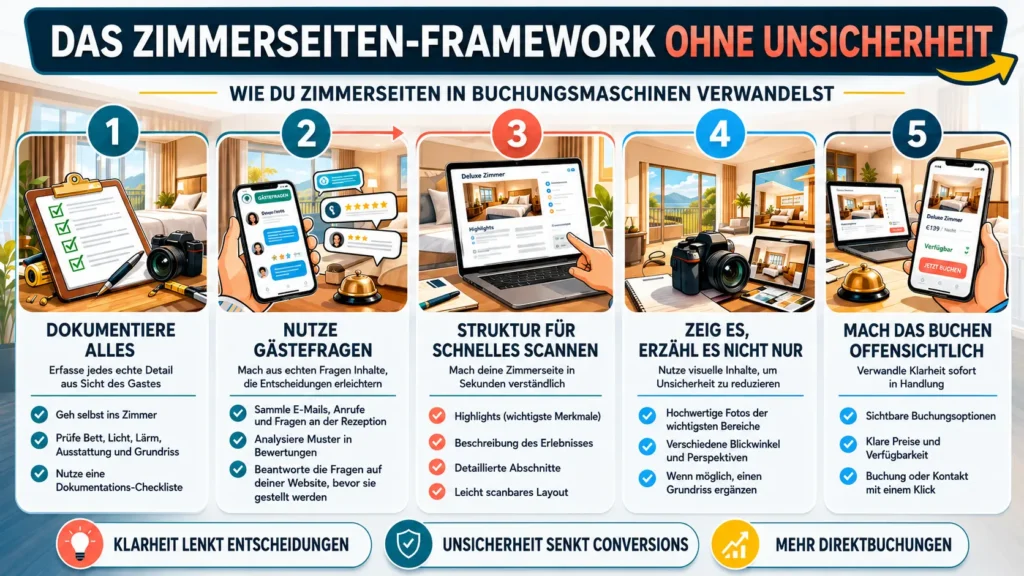 Das Zero-Uncertainty Room Framework mit fünf Schritten für bessere Hotelzimmerseiten: dokumentieren, Gästefragen nutzen, strukturieren, visuell zeigen und Buchung erleichtern.