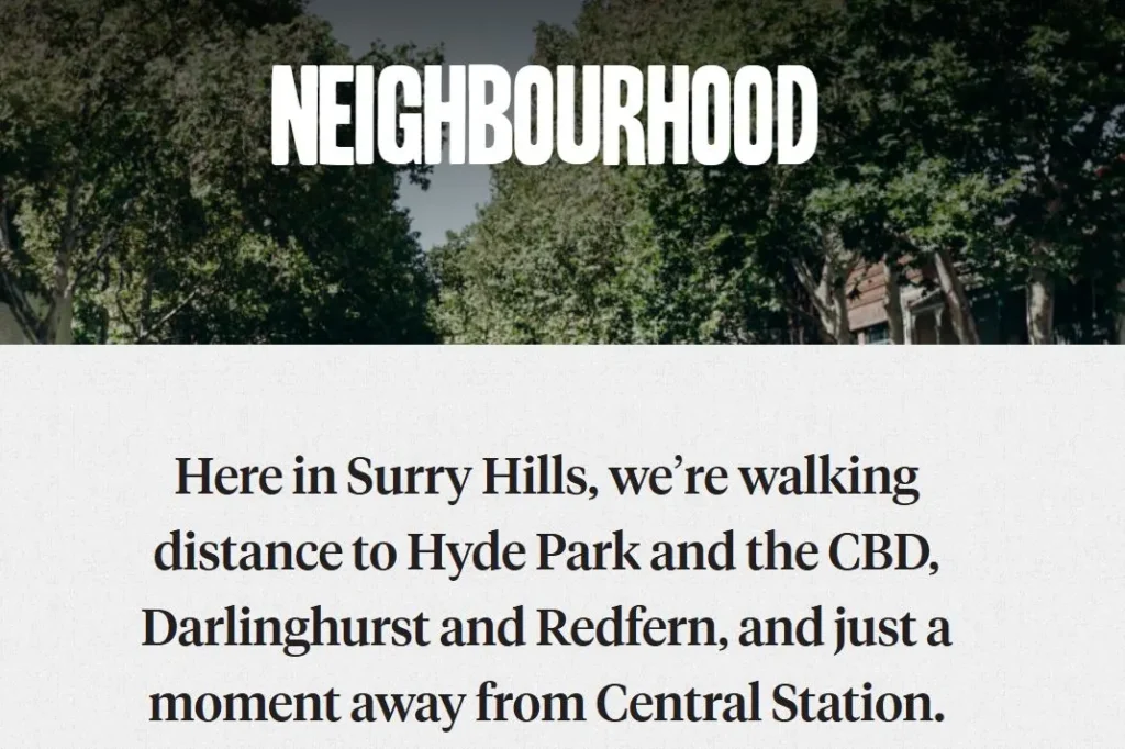Ace Hotel Sydney neighbourhood page positioning the hotel within walking distance of Hyde Park, the CBD, Darlinghurst and Redfern.