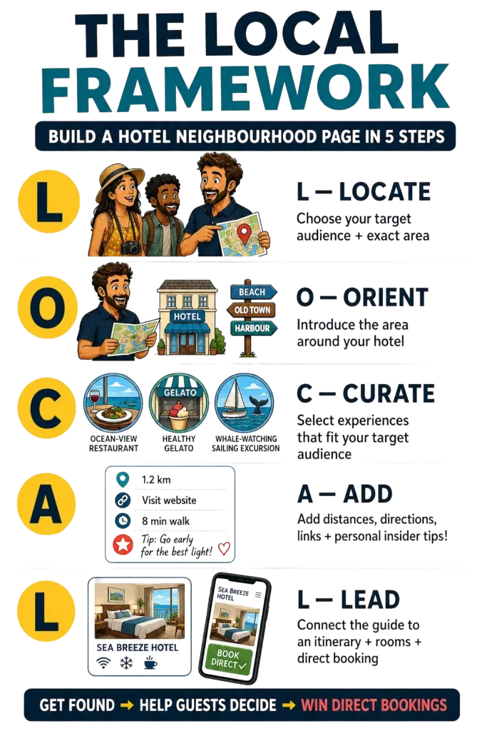 The LOCAL Framework showing five steps to build a hotel neighbourhood page: Locate, Orient, Curate, Add and Lead.