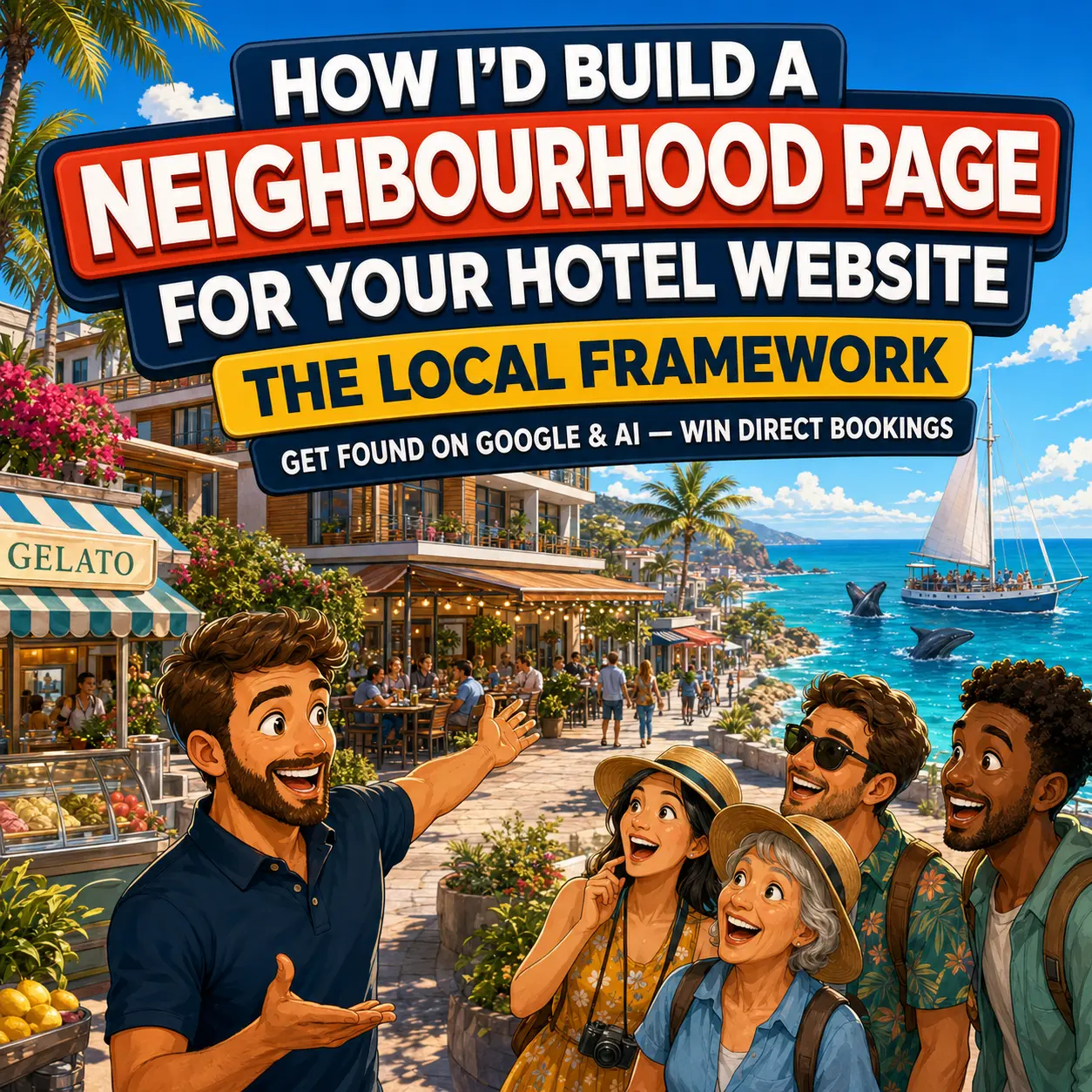 Hotel guide showing guests a coastal neighbourhood around a boutique hotel, including a local restaurant, gelato shop and whale-watching excursion.