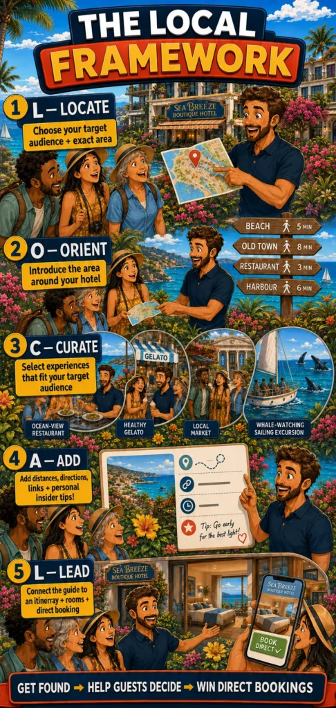 Illustrated LOCAL Framework showing how hotels can turn target-audience insights, local recommendations and practical details into direct bookings.